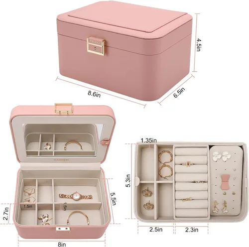 Vista 6 de KAMIER Joyeros para mujer 2 capas de piel sintética caja de joyería de viaje gran capacidad doble cerradura y espejo grande ganchos ocultos