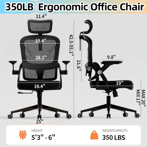 Vista 2 de Silla de oficina ergonómica, sillas de escritorio cómodas de 350 libras con reposacabezas ajustable y soporte de espalda lumbar, sillas