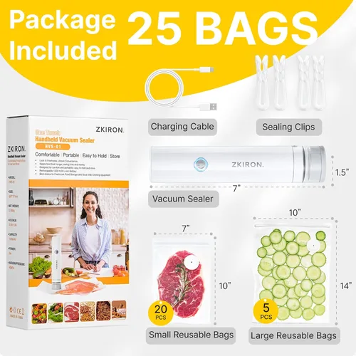 Vista 7 de ZKIRON OneTouch Selladora al Vacío Portátil con 25 Bolsas de Vacío Reutilizables – Selladora de Alimentos Portátil y Compacta con Succión