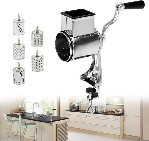 Vista 2 de Rallador, rallador rotativo de queso, cortador de verduras de cocina con 5 cuchillas intercambiables, fácil de limpiar, para frutas, verduras, nueces