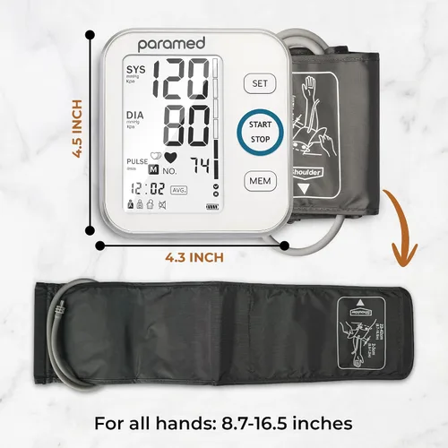 Vista 3 de Paramed Monitor de presión arterial - Máquina Bp - Brazalete automático de presión arterial superior del brazo 8.7-16.5 pulgadas - Pantalla LCD