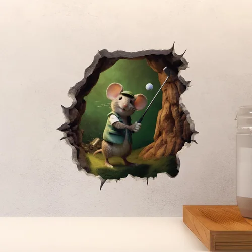 Vista 4 de Calcomanía de ratón de golf en agujero de ratón, adhesivo de pared 3D con agujero de ratón