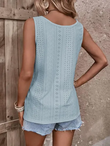 Vista 6 de ELGOGY Camisetas sin mangas para mujer, cuello redondo, con ojales, ajuste holgado, básicas, de color sólido, casual, de verano
