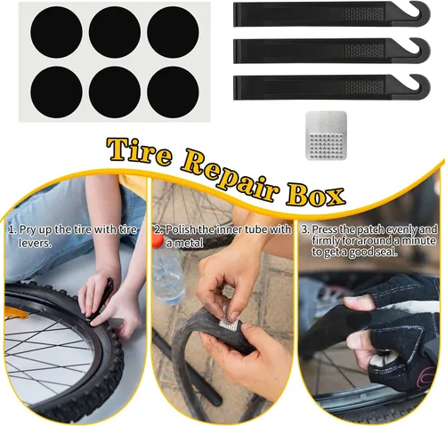 Vista 6 de Kit de reparación de bicicletas, kit de herramientas de reparación de neumáticos de bicicleta, incluye bomba de neumáticos de bicicleta