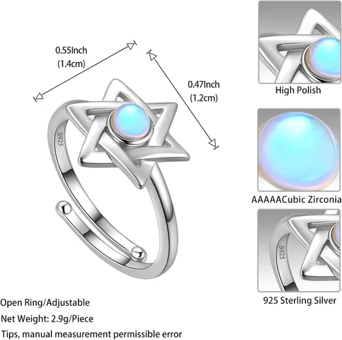 Vista 50 de Jewmon Anillo de plata de ley con estrella de David para mujer – Anillo ajustable Magen David – Amuleto Wicca – Regalos judíos