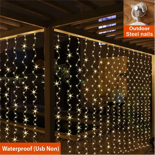 Vista 4 de ZSJWL - Guirnalda de 300 luces LED de hadas para cortina con mando a distancia, 8 modos, 2.9 × 2.9 mt, luz de cadena para cortina con enchufe USB
