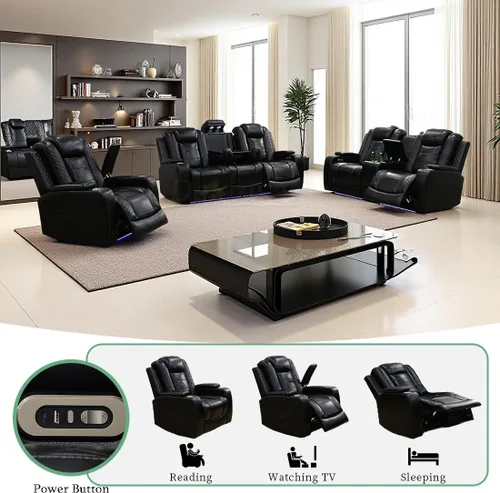Vista 81 de Juego de sofá reclinable eléctrico, seccional de cuero transpirable beige, juego de muebles de sala de estar, 2 piezas, sofá reclinable eléctrico