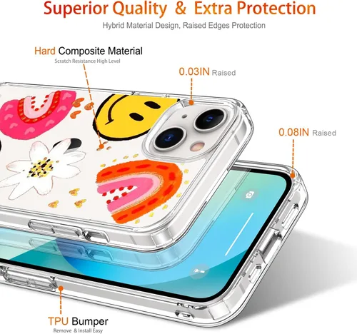 Vista 4 de Funda para iPhone 13 con protector de pantalla, transparente con diseño floral para niñas y mujeres, a prueba de golpes, con funda de parachoques