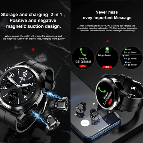 Vista 6 de Tuanzi Reloj inteligente T10 con auriculares 1.28 pulgadas 2 en 1 Smartwatch integrado inalámbrico combinado TWS HiFi auriculares estéreo Monitor