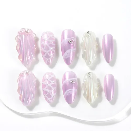 Vista 37 de Sun&Beam Nails Dije hecho a mano de almendra media larga con diseño de diamante de color nude, lindas puntas de uñas postizas, 10 unidades (#99 S)