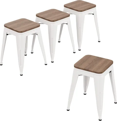 Vista 14 de HAOBO Home Taburete de metal industrial moderno con asiento de madera [Juego de 4] Silla de comedor apilable de 18 pulgadas, taburetes cortos Sin