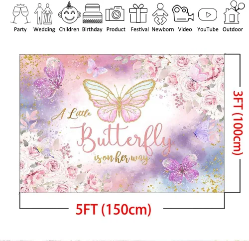 Vista 4 de Mocsicka Telón de fondo floral de mariposa para baby shower, acuarela rosa y morado floral, A Little Butterfly is On Her Way Girl Baby Shower