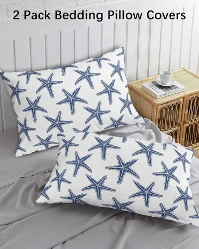 Vista 3 de Juego de 2 fundas de almohada de microfibra azul marino con estrellas de mar de playa tamaño estándar, fundas de almohada lumbares decorativas
