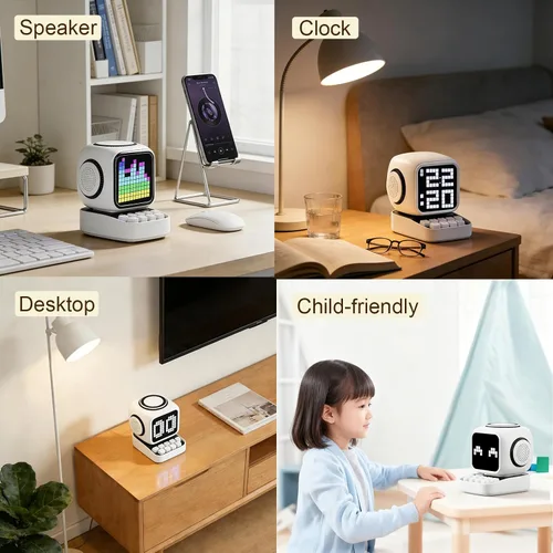 Vista 7 de Altavoz Bluetooth con pantalla LED clásica de 11 x 11 píxeles, altavoces de escritorio compatibles con carga inalámbrica para iPhone
