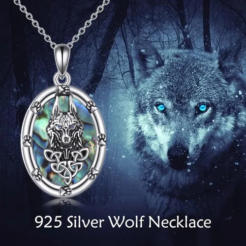 Vista 3 de Collar de plumas de lobo de plata de ley, collar de lobo con pata de lobo, nudo vikingo, collar de concha de abulón, regalo de cumpleaños