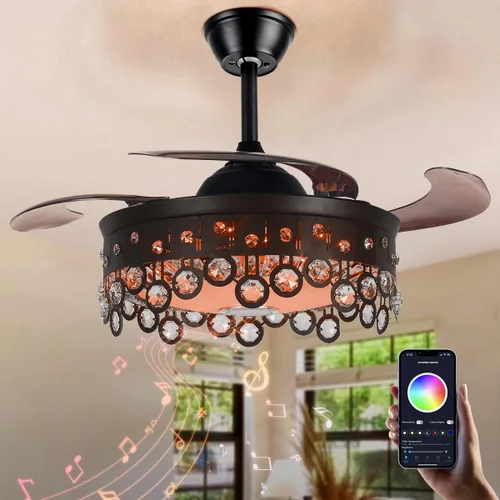 Vista 15 de Ventilador de techo retráctil de 42 pulgadas con luz y control remoto, candelabro negro cristal, moderno, comedor