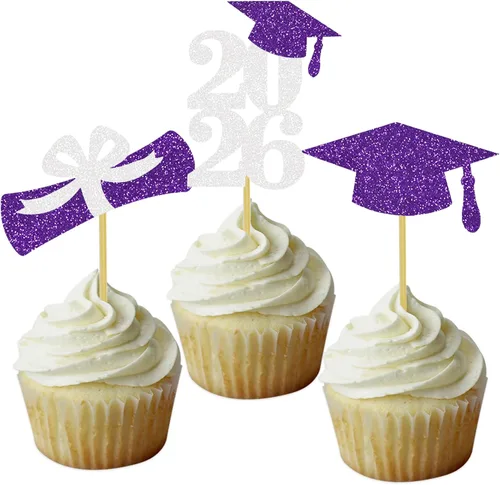 Vista 12 de Decoración para cupcakes de graduación, decoración de fiesta de graduación, selecciones de alimentos, felicitaciones, tapa de diploma con purpurina