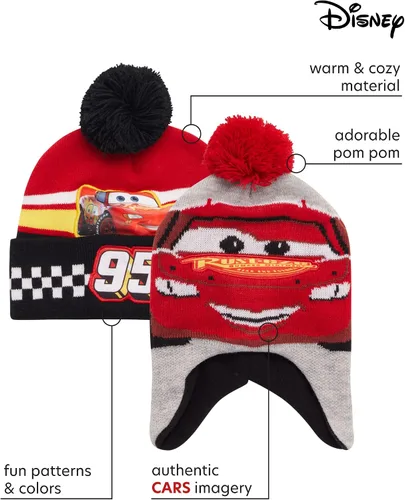 Vista 2 de Disney Sombrero de invierno para niños, paquete de 2 gorro con pompones Lightning McQueen o gorro de Mickey Mouse (4-7)