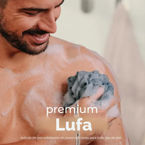 Vista 2 de MainBasics Esponja de esponja para baño y ducha, esponja para el cuerpo, exfoliante corporal (juego de 3, flor aireada) Esponja corporal de malla