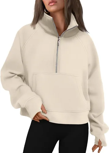 Vista 20 de AUTOMET Sudaderas con media cremallera para mujer, sudadera corta de vellón con cremallera de un cuarto, sudaderas con capucha para el otoño, a