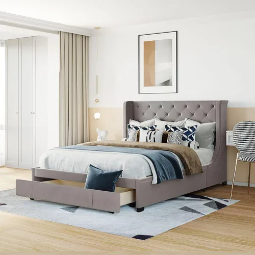 Vista 11 de VilroCaz Cama de plataforma suave de terciopelo de tamaño matrimonial de 52 pulgadas de alto y decoración de remaches, cama con plataforma