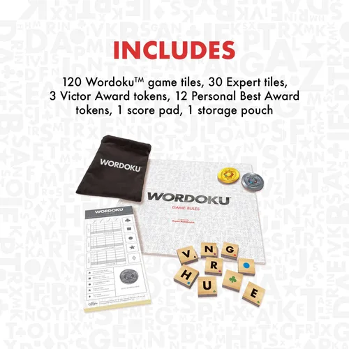 Vista 4 de Wordoku Fun Spelled Out - Crucigrama Sudoku Word Puzzle Juego de mesa para juego familiar, juego de cerebro nocturno con azulejos de madera de 1 a 6