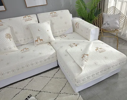 Vista 5 de vctops Fundas de sofá de algodón bordadas reversibles, con patrón de alce de granja, funda de sofá seccional, suave y acogedora, protector de Ciervo