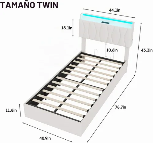 Vista 2 de Fameill Marco de Cama Twin con Almacenamiento Elevable, Cabecera Ajustable, Estación de Carga, Luces LED, Listones de Madera, Sin Ruido, No Requiere
