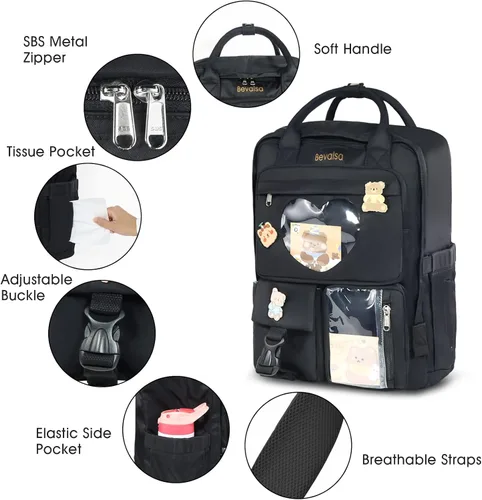 Vista 5 de Bevalsa Mochila Kawaii para niñas y niños, linda mochila Ita con corazón japonés, mochila escolar para adolescentes y niñas con bonitos pines, Negro