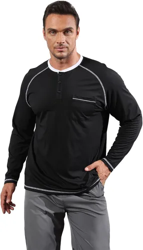 Vista 2 de Lexiart Camisas Henley de moda para hombre, estilo casual, de algodón, manga raglán larga, térmica, con bolsillo