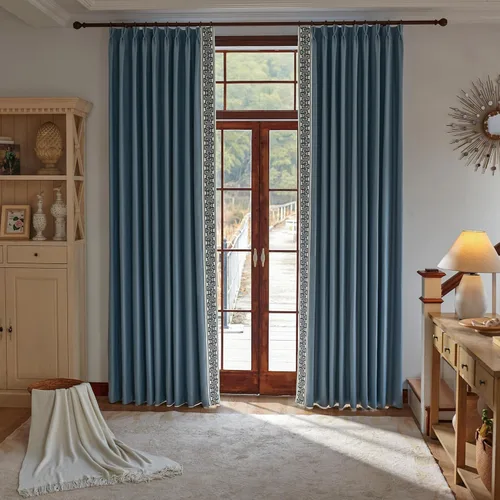Vista 2 de VisionaryHomeDesign Cortinas Azules de Pliegues Pellizco de Mezcla de Algodón y Lino, Cortinas con Ribete de Greca, Cortinas Oscurecedoras