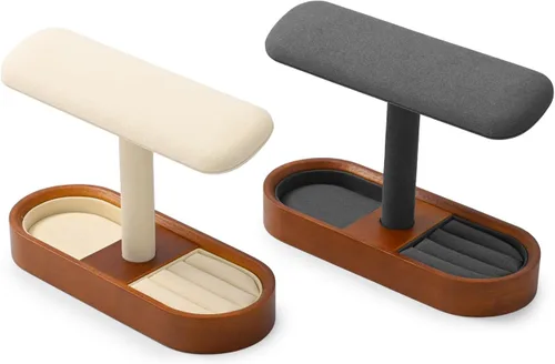 Vista 3 de Oirlv Soporte de reloj de madera maciza con barra en T, organizador para hombres y mujeres, soporte de exhibición de joyas, anillos, aretes, collar