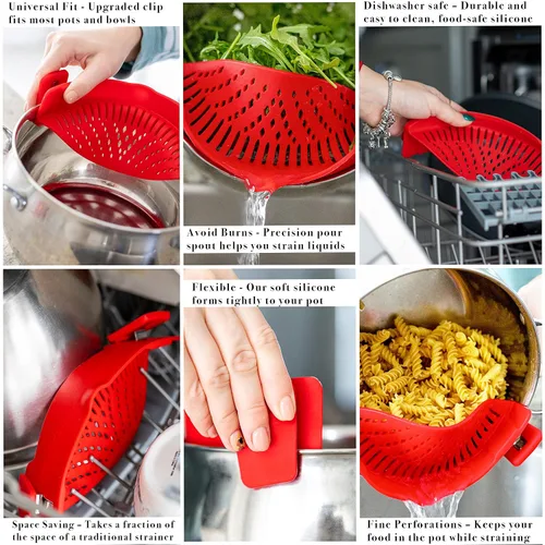 Vista 3 de Arlig Colador de pasta con clip de silicona, ajuste universal para todas las ollas y cuencos, escurridor a presión para carne, verduras, colador