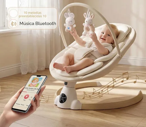 Vista 5 de Columpio eléctrico portátil para bebés con Bluetooth, 5 velocidades, 10 melodías, arnés de 5 puntos, control remoto y panel táctil, columpio Beige