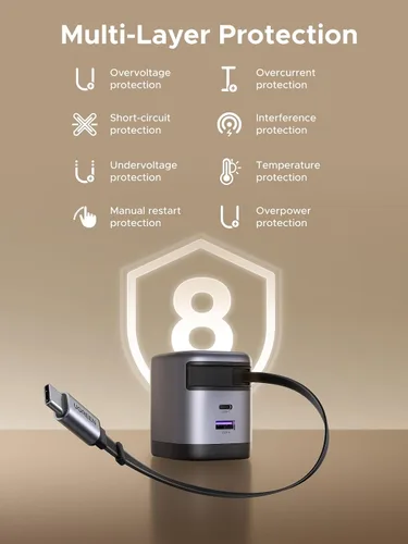 Vista 7 de UGREEN Nexode - Cargador retráctil USB C de 65 W GaN con cable integrado, adaptador de pared de carga rápida de 2 puertos para iPhone 17/16/15