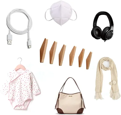 Vista 7 de Paquete de 6 ganchos de pared de madera, ganchos de roble para abrigos, diseño minimalista, resistente para bata, colgador de ropa de madera