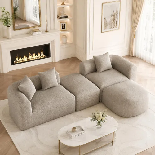 Vista 10 de Sofá de nube curva de 120 pulgadas, sofá seccional en forma de L con mesa Marrón claro
