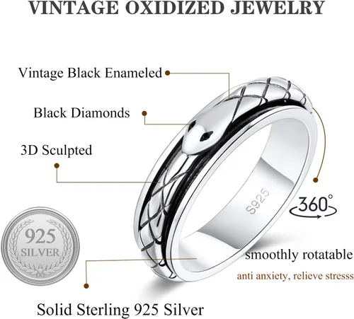 Vista 5 de LEXLUNE Vintage Ring Fidget Ring Vintage Spinner Ring for Anxiety Women Men Antique Ring For Teen Girl Real S925 Sterling Silver Band Ring