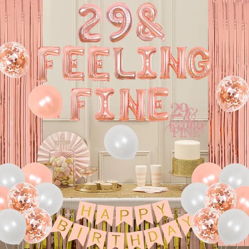 Vista 3 de Cheereveal Decoraciones de cumpleaños número 29 – Oro rosa, globos "Feeling Fine" y decoración para pastel