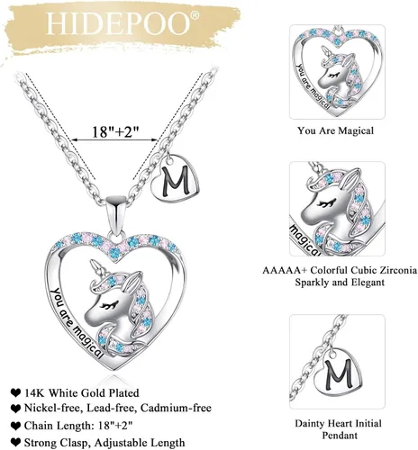 Vista 4 de Regalos de unicornios para niñas, dije de corazón chapado en oro blanco de 14 quilates con circonita cúbica You Are Magical Unicorn Necklace Girls