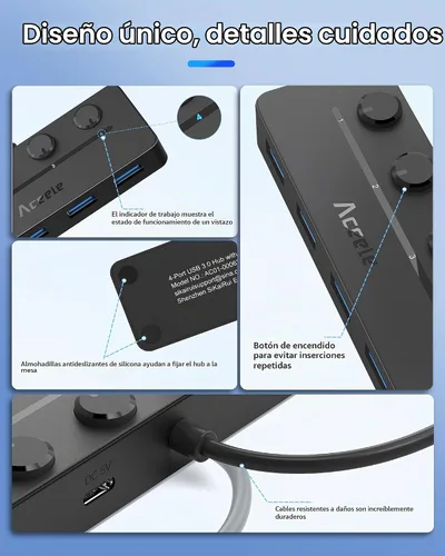 Vista 6 de Aceele Hub USB 3.0 con interruptores de alimentación LED individuales y puerto de alimentación tipo C, divisor USB multipuerto 3.0 con cable de 4