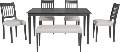 Vista 9 de Juego de comedor retro de 6 piezas, mesa rectangular de madera y 4 sillas con banco para cocina y comedor, color gris cola de milano Cola de milano