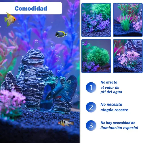 Vista 5 de Ameliade Plantas Artificiales de Plástico para Acuario Decoraciones y Conjunto de Decoración de Cueva de Roca Accesorios para Pecera de Pez Dorado