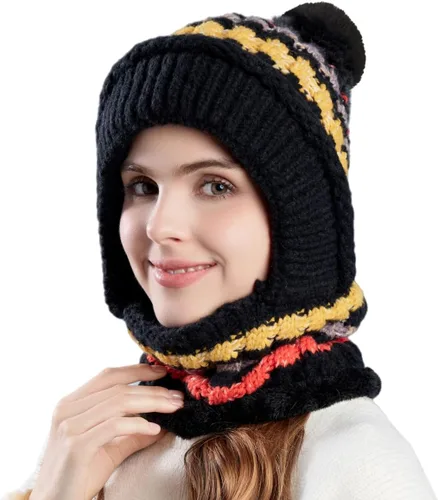 Vista 32 de Gorro de Invierno para Mujer de Una Pieza con Forro Polar Pasamontañas de Punto Conjunto con Bufanda Circular para Cuello Gorro de Esquí para Nieve