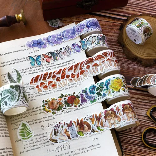Vista 8 de 8 rollos de cinta adhesiva Washi vintage, diseño de pétalos de flores, hojas de helecho, mariposas, hojas de pino, hongos para bricolaje, diario
