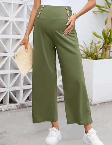 Vista 2 de Pantalones de maternidad para mujer, de cintura alta, con doble botonadura y pierna ancha, pantalones largos sueltos para embarazo, pantalones