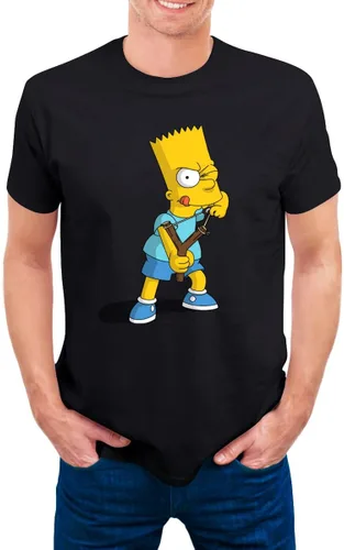 Vista 3 de The Simpsons Camisa cómoda de manga corta para hombre con cuello redondo de algodón de moda camiseta negra