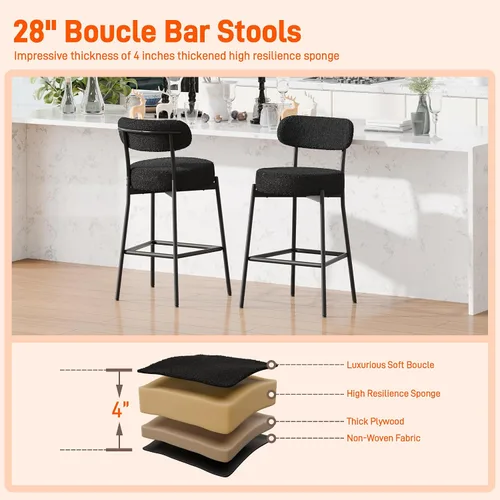 Vista 7 de Boucle - Juego de 2 taburetes de bar de altura de mostrador de 28 pulgadas, taburetes de bar modernos con asiento redondo de 4 pulgadas de grosor