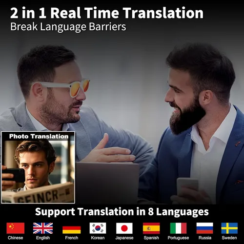 Vista 3 de Lentes inteligentes con cámara, lentes de sol Bluetooth AI, traducción, control de voz, reproducción de música para viajes, conferencias y vlogging