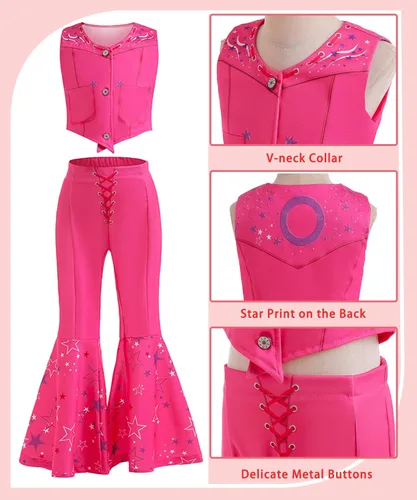 Vista 3 de RAINDEWLL Vestido rosa para niñas, vestido de princesa a cuadros de película para niñas, Halloween con accesorios